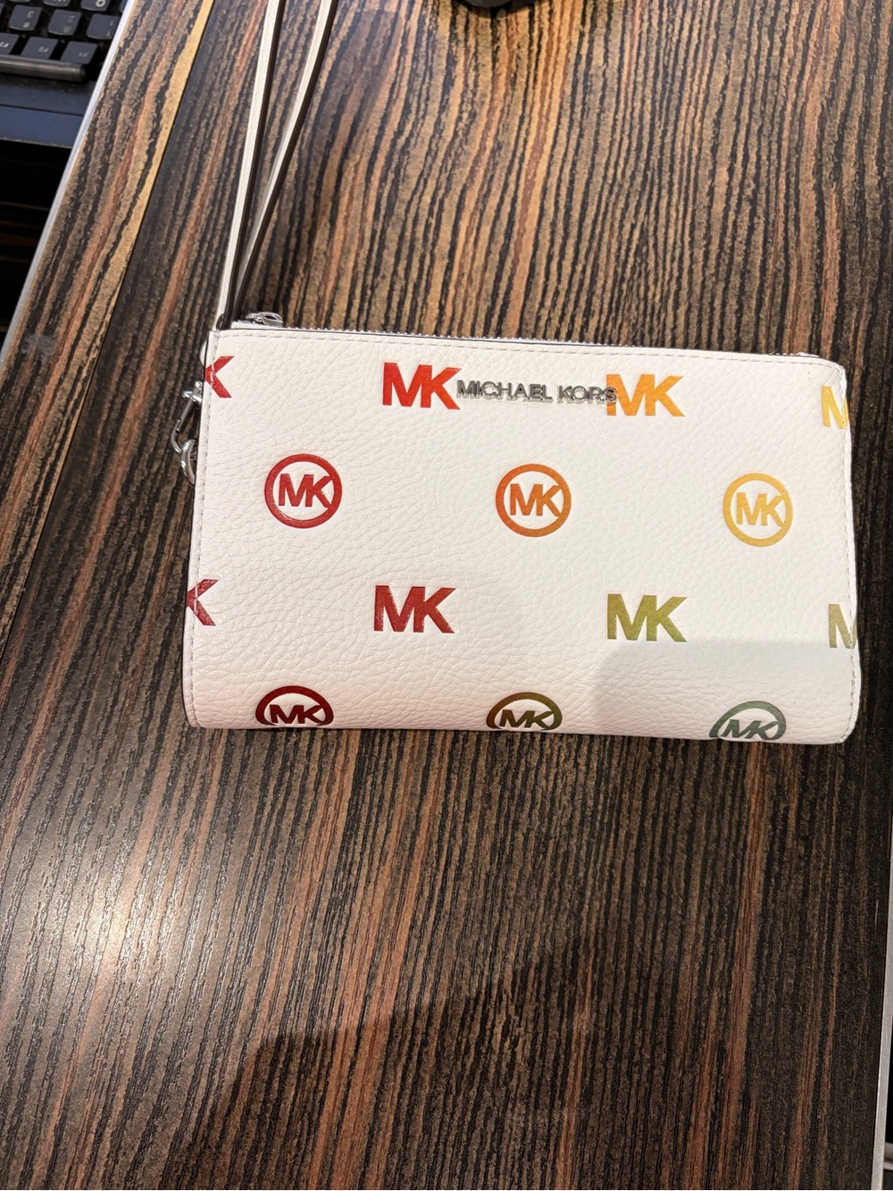 Michael Kors White Wristlet with Multicolor MK Print